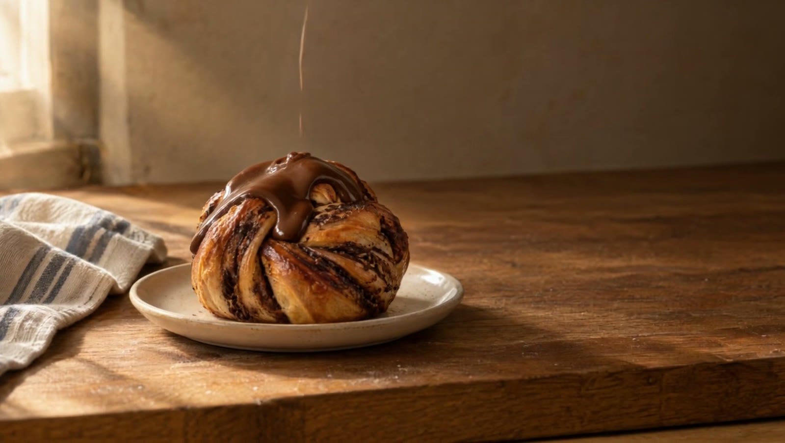 A single hand tied chocolate babka resting on a cream plate on a wooden counter, the chocolate settled over its folds.